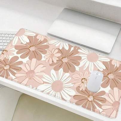 Floral Pattern Desk Mat, 1pc Non-Slip Rubber Base Stitched Edge Mouse Pad, Aesthetic Office Desk Pad, Desk Laptop Pad For Home Office Game, Cute Desk Accessories