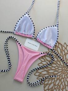 2pcs Solid Color & Striped Sexy Backless Tie-Front Bikini Swimwear, Suitable For Spring/Summer, Stage Performance, Concert, Vacation, Beach Pink - Pink - View 2