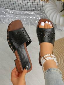 Women's Niche Round Toe Open Toe Slippers, Strap Rivet High Heel Slides - Black - View 7