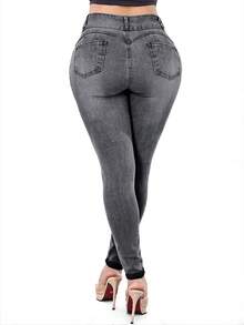 女士提臀牛仔裤，高弹力打底裤，时尚优雅，适合约会、通勤、休闲旅行、情人节和新年等场合穿着，春季必备。 - 中灰色 - 查看 5