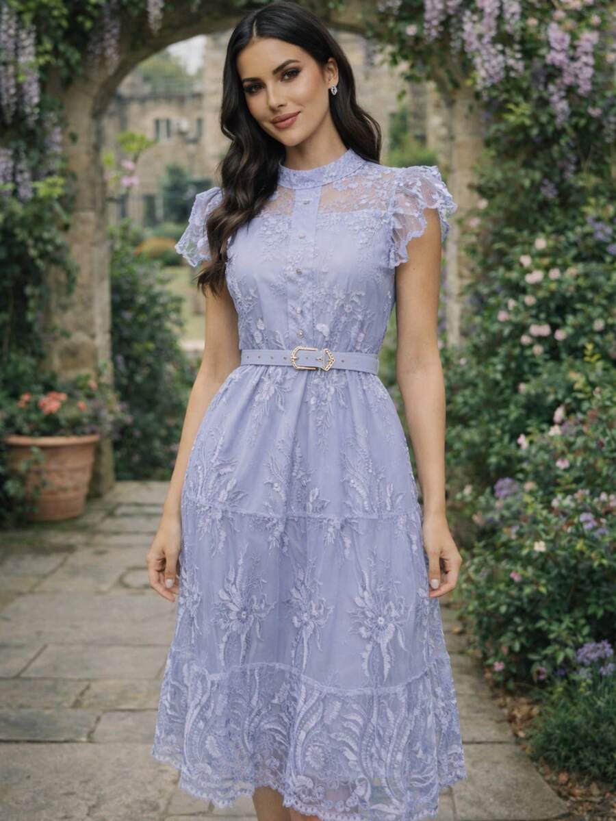 Midi Dress With Embroidered Tulle And Three Tiers, With Belt | Elegant And Romantic - Màu xanh nhạt - Xem 1
