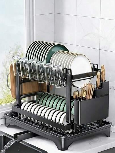 这款双层碗碟架采用不锈钢材质，防锈耐用，节省空间，具有自动沥水、大容量和多种功能。它包含碗、杯子、勺子、筷子和盘子等多种收纳空间。厨房必备 | 厨房 | 家居装饰 | 厨房摆设 | 厨房收纳架，家居用品。