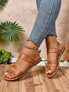 Giày sandal nữ màu đen có khóa cài, kiểu dáng thanh lịch, thoải mái, hở mũi, đế bằng, đa năng. - màu nâu - Xem 3