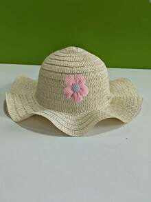 1顶女童轻便系列草编宽檐帽，粉色花朵刺绣，甜美清新，多功能防晒帽，适合日常/度假佩戴 - 粉花 - 查看 11