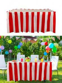1 Set Red & White Striped Table Skirt, Circus Theme Party Table Skirt, Carnival Party Decor, Birthday Party Table Skirt, 168 Inch Carnival Theme Party Decoration Set, Carnival Table Skirt, Red & White Striped Tablecloth, Red & White Striped Pennant Flags, Circus Carnival Banner, Suitable For Carnival, Circus Decoration And Display - Multicolor - 查看 9