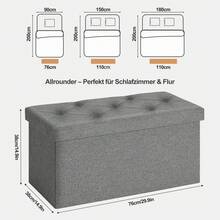 Sitzbank mit Stauraum 76cm, Truhe mit stauraum 118L Faltbar, Sitztruhe Sitzbox Aufbewahrungsbox klappbare, Bettbank Schlafzimmer, belastbar bis 300 kg, aus Leinen, Grau - Grau / 76 x 38 x 38 cm - Übersicht 5