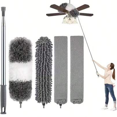 5pcs Retractable Microfiber Dusting Brush Set, Reusable, Bendable Long Handle, 33.46-111.81inch, With Extension Pole, For Cleaning High Ceiling Fans, Furniture, Curtains, Cars, Bathrooms, Living Rooms, Bedrooms, Kitchens, Toilets, Car Interior Cleaning