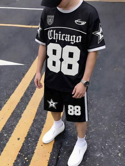 2pcs Teen Boys' Retro Street Style Short Sleeve Shorts Set, Black Background With White Letter & Number + Badge Design, Crisp And Durable, Breathable And Skin-Friendly, Suitable For School And Outdoor Activities