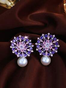 1 Đôi bông tai ngọc trai hình hoa lớn đính đá Cubic Zirconia màu hồng và tím sang trọng, thích hợp cho nữ, phụ kiện trang sức dự tiệc đính hôn. - Hồng - Xem 5