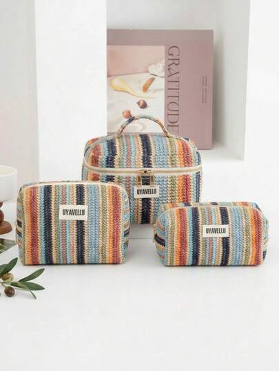 1pc/3pcs Straw Woven Cosmetic Bags, Rainbow Striped Straw Bags, Holiday Casual Beach Bags, Zippered Portable Travel Toiletry Bags, Portable Storage Bags, Travel Essentials, Back-To-School Supplies, Soft Fabric Cosmetic Bag Sets, Stylish Women's Wallets And Handbags, Suitable For Family, Travel, Vacation And School, Bedroom Essentials, Bridesmaid Gifts, Mother's Day Gifts, Birthday Gifts.
