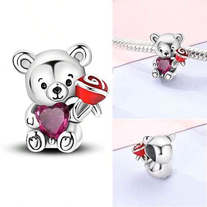 Encanto de oso de rosa con forma de corazón dulce - Perfecto para pulseras y collares; Accesorios de joyería adorables para el Día de San Valentín y la boda de las mujeres