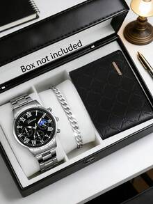 这款三件套奢华银色商务礼品套装，属于男士配饰系列，包含一枚罗马数字三眼石英腕表、一个菱形图案钱包和一条链手链。银黑色金属表带和哑光黑色表盘设计，尽显高端精致而又不失硬朗的风格。 - 銀色 - 查看 6