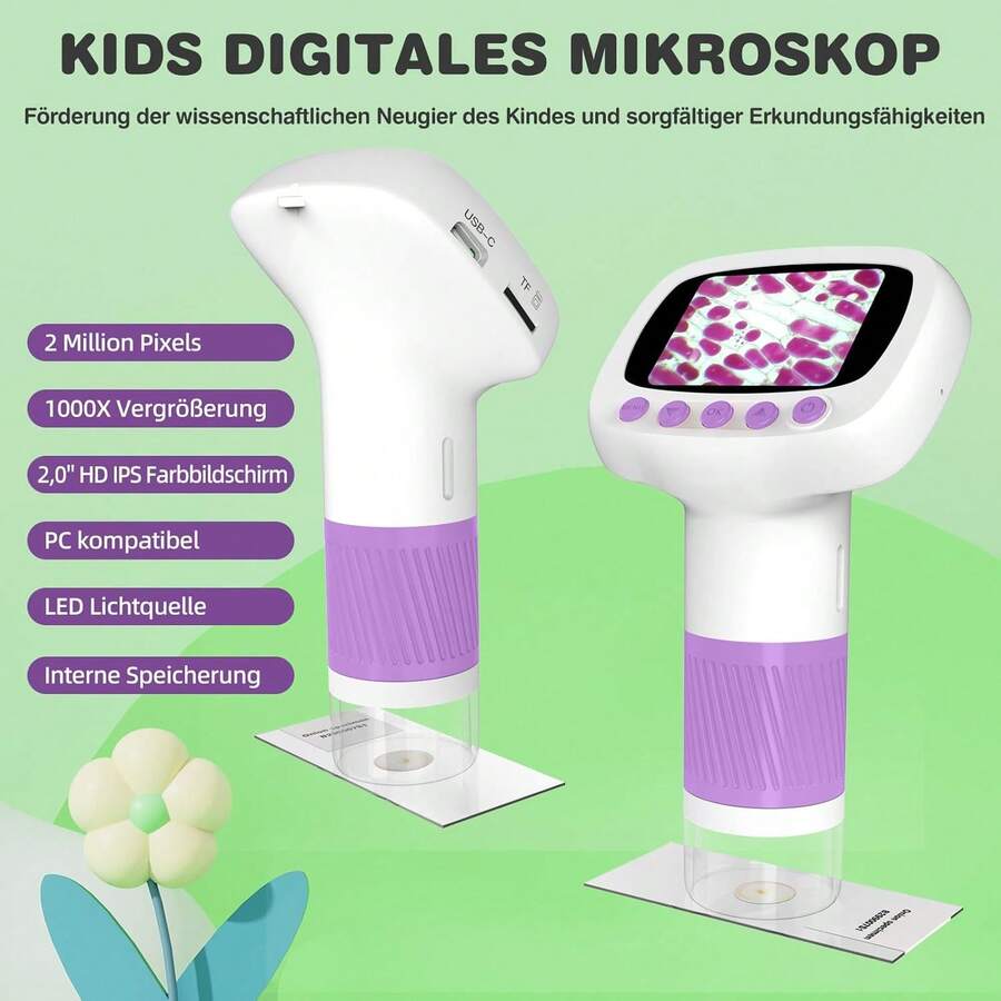 Pocket Kids Microscope For Over 3 Years Old, 1000X Handheld Microscope For Kids W/2''IPS Digital, Photo Video Mini Portable Microscopes, Science Edu Digiscope, For Kid Purple - Purple - View 1