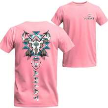 [100% Cotton] Skull 2 Side Printed T-Shirt - Western Bull Skull & Feathers Graphic With Blue Patterns Tee For Country Style & Native Vibes - Camo Print - Relaxed Fit Crewneck Short Sleeve-Unisex Women & Men's Campus Daily Wear,Summer Outfits For Women,Vacation Outfits Women,Summer Clothes,Spring Outfits For Women,Summer Tops,Festival Outfits,Easter Outfit Women - Hồng - Xem 1