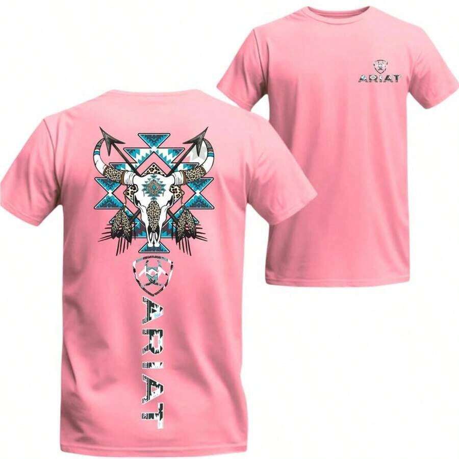 [100% Cotton] Skull 2 Side Printed T-Shirt - Western Bull Skull & Feathers Graphic With Blue Patterns Tee For Country Style & Native Vibes - Camo Print - Relaxed Fit Crewneck Short Sleeve-Unisex Women & Men's Campus Daily Wear,Summer Outfits For Women,Vacation Outfits Women,Summer Clothes,Spring Outfits For Women,Summer Tops,Festival Outfits,Easter Outfit Women - Hồng - Xem 1