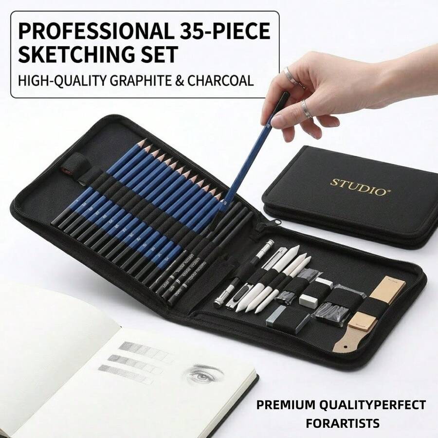 35 Piece Professional Drawing & Sketching Pencil Set,Graphite & Charcoal Pencils Art Kit With Blending Stumps & Zipper Carry Bag,Complete Art Supplies For Artists,Adults,Teens & Beginners - 35-piece Set - View 1