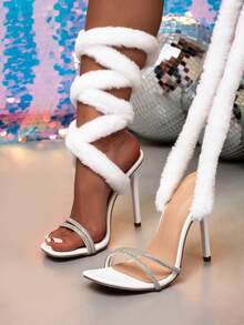 New Fashion White Furry Lace-Up Stiletto High Heels, Square Toe Rhinestone Strap Party Sexy Shoes For Women - White - View 2