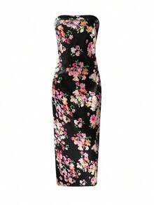 Women's Floral Digital Print Backless Bodycon Dress, Elegant Sexy Strapless Y2K Party Cocktail Beach Boho Dress, Spring/Summer/Autumn Vacation - 黑色 - 查看 5