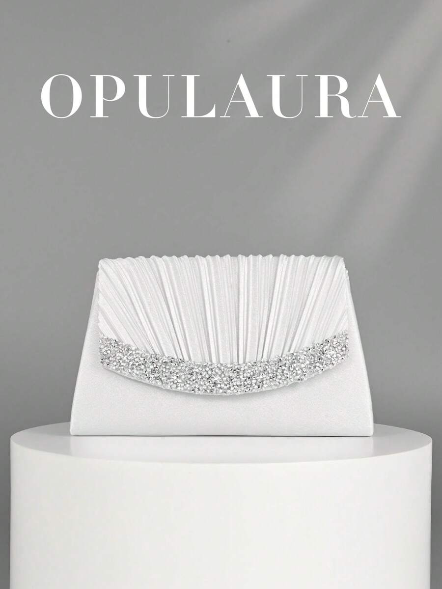 OpulAura 白色褶皱迷你手拿包,适合秋冬季节。闪亮水钻点缀,优雅时尚的信封式设计,专为女性打造,适合派对、婚礼、晚宴、毕业典礼等场合,是馈赠女性的理想礼物。 - 白色 - 查看 1