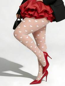 Women's White Heart Pattern Leggings - Woven Heart Design, Elastic, Elegant Style Suitable For Weddings, Dates And Daily Wear - White - View 4