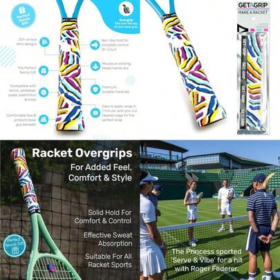 Get A Grip - Custom Tennis Racket Grip Tape - Anti-Slip/Quick-Drying Tennis Overgrips - Precut Badminton Racket Grip With Finishing Tape