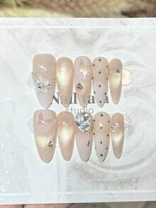 10pcs Handmade Nails Oval Almond Nails Acrylic Press On Nails Long, Gentle Nude Pink Nails Gradient, Gold Flashy Cateye, Handpainted Polka Dots Butterfly 3D Flower, Nail Gems Large Stone Diamond Pearl Inlaid, Edgy Elegant Simple Spring Nails, Summer Press On Nails, Party Daily & Dating Use Beach Tropical Getaway Suitable,DIY False Nail Art Suitable For Women & Girls As Gift Nail Supplies - Pink - View 1