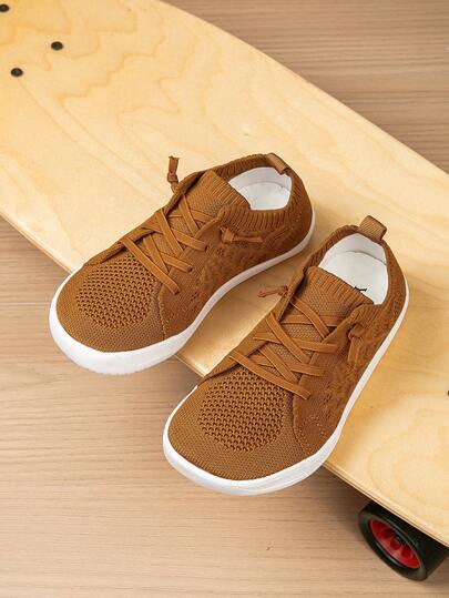 Kids' Solid Color Lightweight Knit Khaki Wide-Fit Casual Sneakers, Slip-On Comfortable Breathable Soft-Sole Unisex Athletic Shoes For School, Running, Outdoor Sports