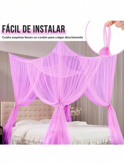 Mosquitera para dosel de cama doble a tamaño king - Mosquitera cuadrada de malla con 4 aberturas y 4 trabillas para colgar - Cortinas de cama desde el techo para habitación de niñas