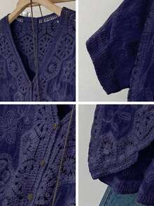 JIANHU Petite Bohemian Style Crochet Knit Blouse - Romantic Floral And Geometric Lace Cover-Up, Suitable For Vacation And Daily Wear, Lightweight V-Neck Button Style - Navy Blue - View 6