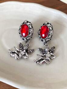 1 Pair Oval Metal & Red Resin Angel Crystal Pendant Earrings, European And American Style Personalized Fashion Long Earrings For Women & Girls, Travel, Wedding, Party, Birthday, Christmas Gift 2026 - Red - View 5