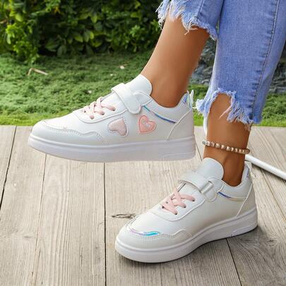 1 Pair Elegant, Cute, Preppy Style PU Leather Heart Sneakers, Suitable For All Seasons