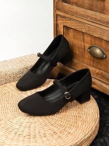 2026 法式玛丽珍鞋，绒面革舒适不累黑色高跟鞋 - 黑色 - 查看 2