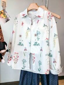 Camisa de mujer con bolsillo y estampado floral - Blanco-verde - Ver 2