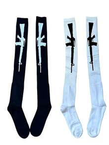 男女通用纯色极简街头风过膝袜，神秘派对庆典条纹及膝袜 - 黑與白 - 查看 1