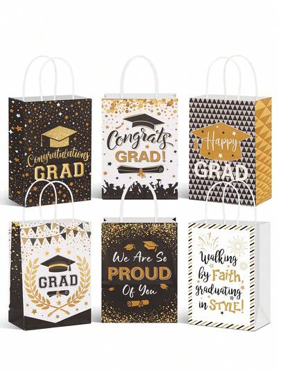 12 piezas/6 piezas Bolsas de regalo de graduación con asas, bolsas de recuerdo, bolsas de regalo de papel con tema de graduación 2026, embalaje grande, adecuado para decorar bolsas de regalo de ceremonia de graduación (esquema de color negro y dorado)