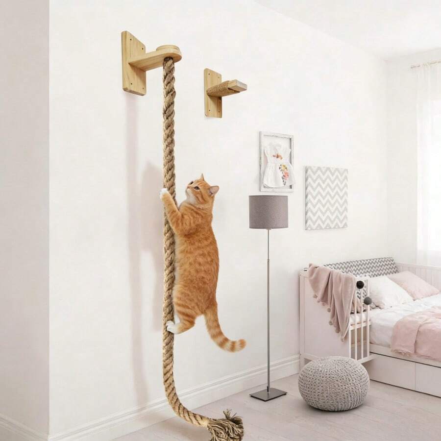 Torre de árbol para gatos de piso a techo, poste rascador de gato de madera maciza con escalera de cuerda de sisal, gran estructura de escalada para gatos - Marrón Mocha - Ver 1