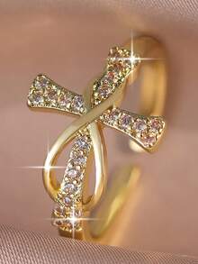 1 pieza Anillo sencillo ajustable con cruz y circonita cúbica glamorosa, para uso diario, bodas, compromisos, banquetes, regalo del Día de San Valentín para mujeres - Amarillo Oro - Ver 10