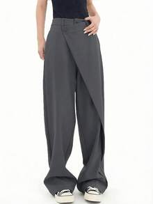 Pantalones anchos de traje para mujer, pantalones sueltos negros, pantalones rectos asimétricos, pantalones casuales delgados y elegantes para primavera/verano - Gris - Ver 8
