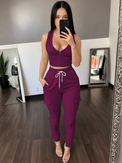 Women's Summer 2 Pieces Set, Casual Comfortable Solid Color Sleeveless Tank Top And Elastic Waist Pocket Pants