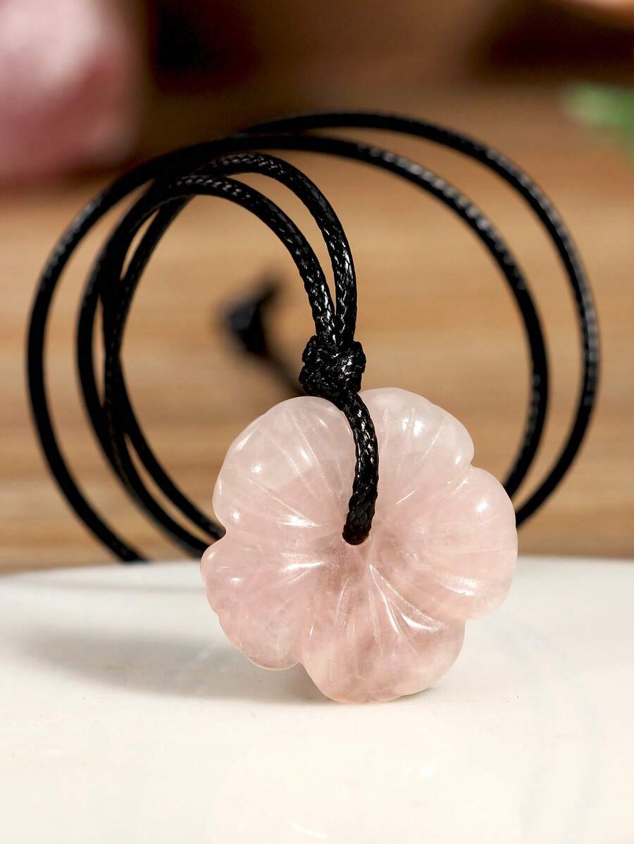 玫瑰石英桃花吊坠项链，长款天然石项链，寓意招财纳福，生日礼物，女士珠宝