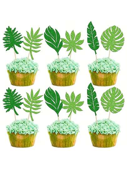 12pcs/Set Green Palm Leaf Cake Toppers, Glitter Green Leaf Decor Picks, Suitable For Hawaiian Party Decor, Birthday Decoration And Home Decor