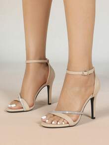 Women's Fashion High Heel Rhinestone Ballroom Party Black Thick Heel Zipper Roman Sandals,Summer Shoes - Apricot - View 5