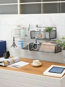 1/2pcs No-Drill Wall Hanging Storage Basket, Waterproof Rust-Proof Wall Mount Organizer Basket, Suitable For Dorm Room & Bedroom, Student Essential For Organizing Books & Stationery - Black - View 3