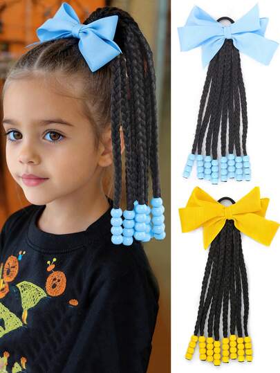 Tóc giả đuôi ngựa mùa hè cho trẻ em có hạt, tóc nối tết hộp, tóc đuôi ngựa tết cho trẻ em có hạt và nơ, tóc nối đuôi ngựa xoăn cho bé gái, phụ kiện tóc cho trẻ em, tóc giả tổng hợp có nơ, kiểu tóc bảo vệ dễ dàng, thời trang cho bé gái, quà tặng cho trẻ nhỏ