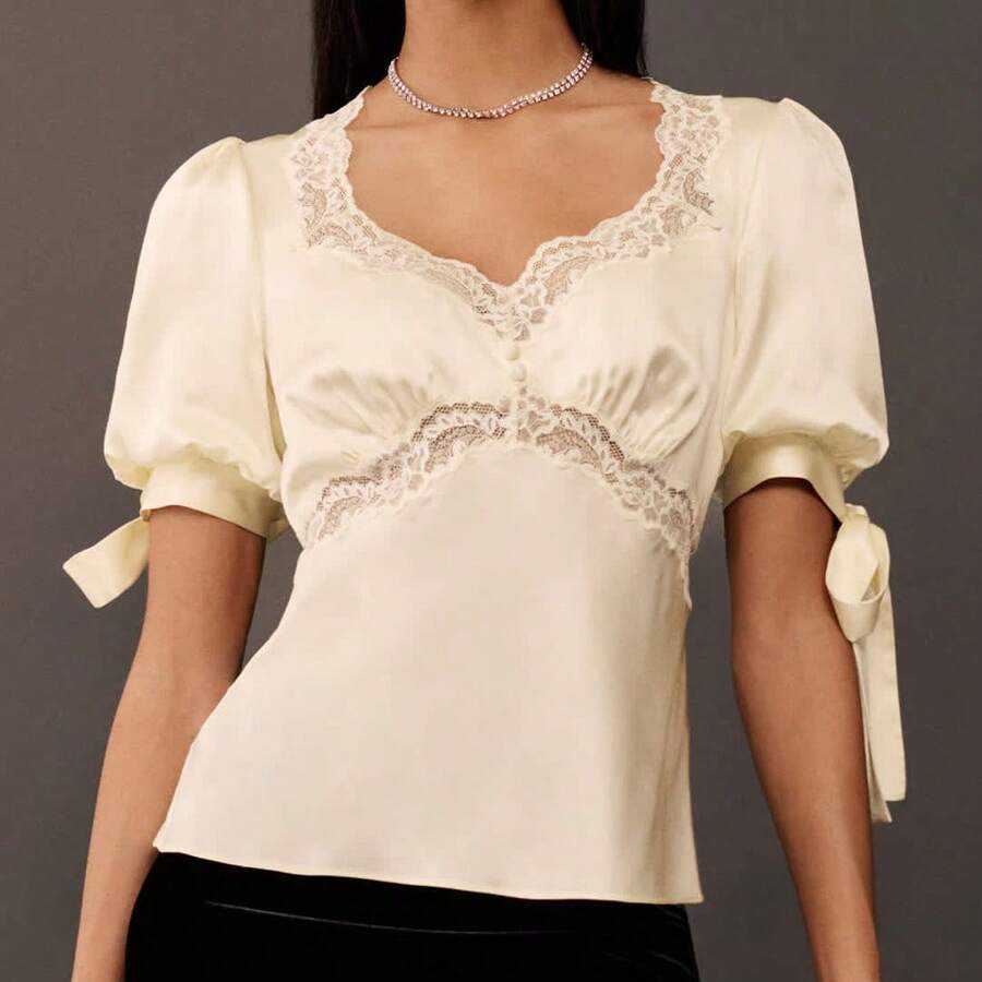 Women Y2K Coquette Satin Lace Blouse - Puff Sleeve Sweetheart Neck Tie Back Crop Top - 香檳色 - 查看 1