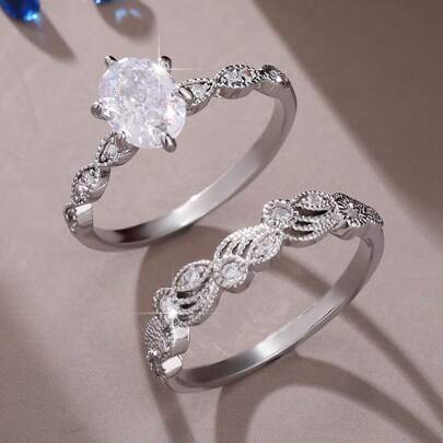 2 piezas Elegante Juego de Anillos de Boda para Mujer, Anillos Clásicos Brillantes de Óvalo Sintético de Circonita Cúbica, Anillos de Pareja, que Simbolizan Elegancia y Nobleza, Elaboración de Anillos de Compromiso/Boda Gráciles y Hermosos
