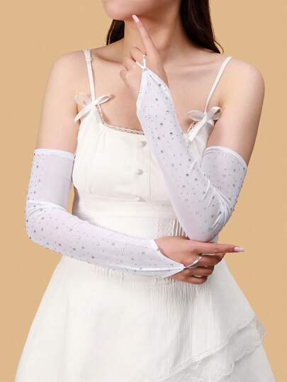 1 Pair Solid Color Casual Lace Gloves, New Arrival Spring/Summer Fashion Rhinestone Bridal Gloves, Suitable For Daily Wear, Birthday Party, Performance, Wedding,Travel,Festival