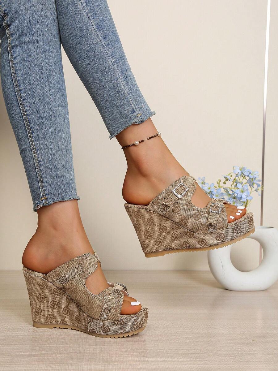 Dép lê đế xuồng cao gót kiểu dáng mới mùa hè 2026 dành cho nữ, kiểu dáng cổ điển với họa tiết hoa mai, giúp tăng chiều cao. - Lạc đà - Xem 1