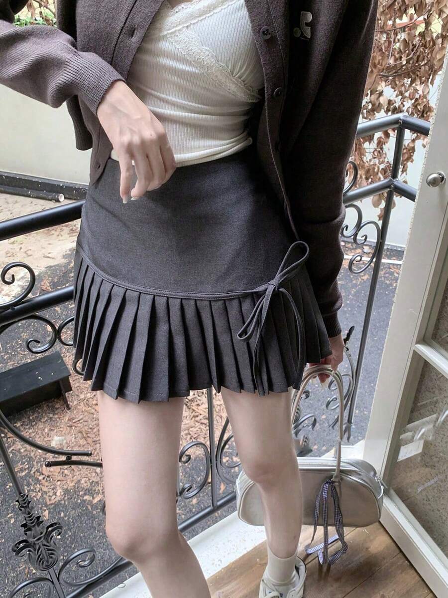 系带褶裥A字裙，高腰显瘦裙，适合娇小身材女性 - 灰色 - 查看 1