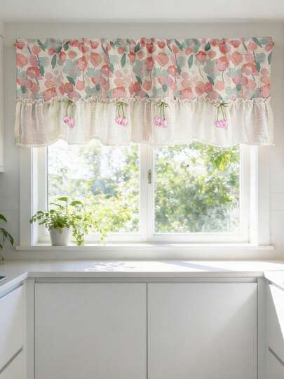 1PC Sweet And Lovely Pink Tulip Print Short Curtain,Farmhouse Style Suspender Curtain For Small Windows,Kitchen Window Valance, Apartment Kitchen Drapes.